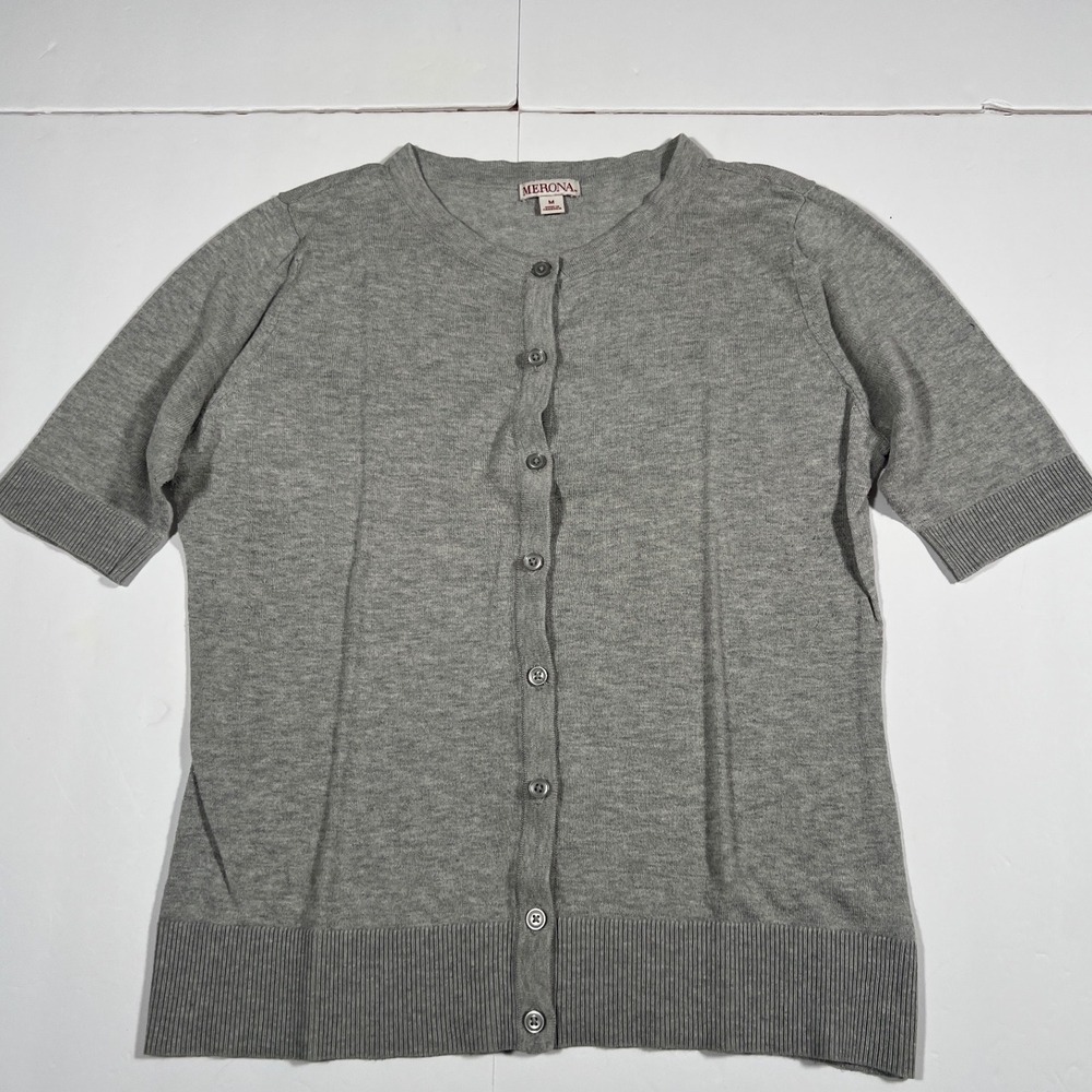 Merona Gray Short Sleeve Button Front Cardigan Sweater Cotton Modal Size M